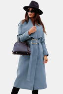 Midi Belted V-Neck Overcoat Tailored Wool-Blend – Audrey - Blue - Bellux