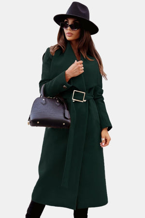 Midi Belted V-Neck Overcoat Tailored Wool-Blend – Audrey - Green - Bellux