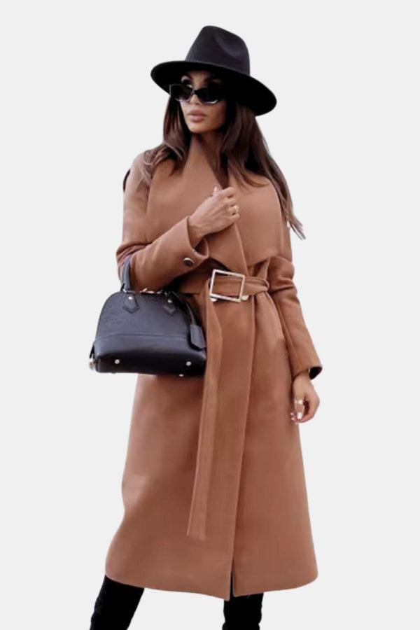 Midi Belted V-Neck Overcoat Tailored Wool-Blend – Audrey - Khaki - Bellux