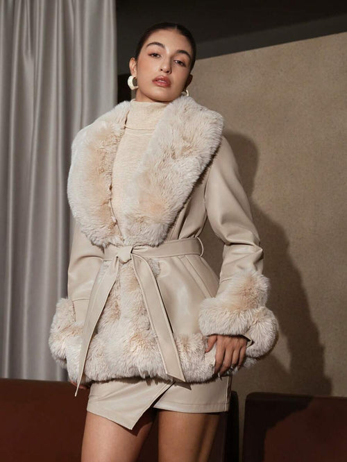 Midi Coat Belted Waist Faux-Fur Collar – Estelle - Beige - Bellux