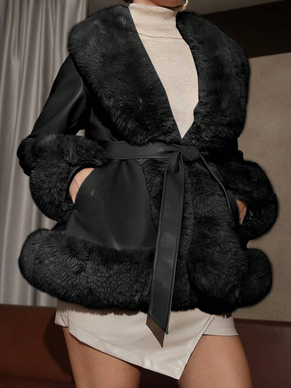 Midi Coat Belted Waist Faux-Fur Collar – Estelle - Bellux