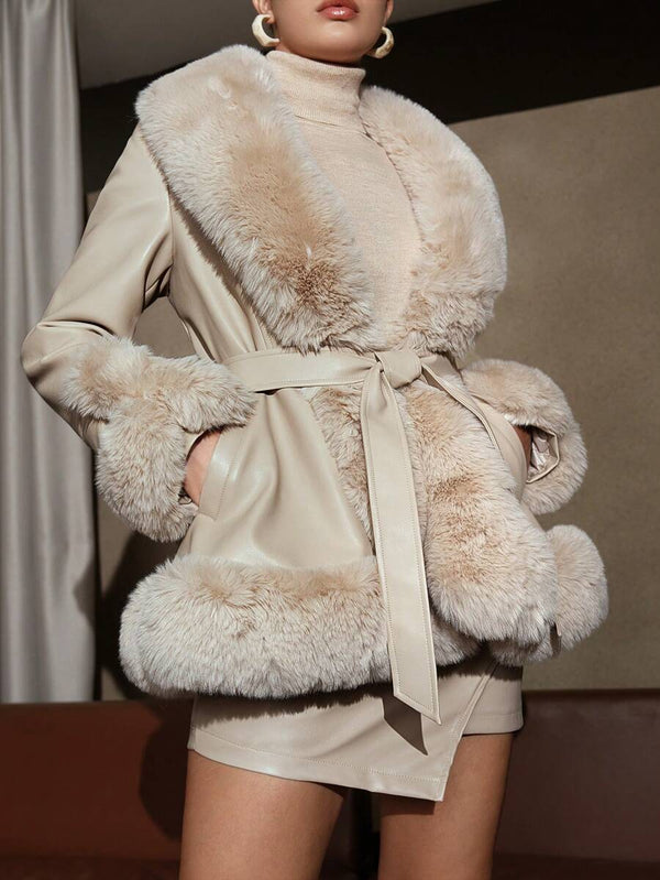 Midi Coat Belted Waist Faux-Fur Collar – Estelle - Bellux