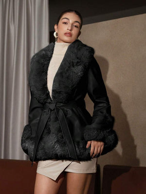 Midi Coat Belted Waist Faux-Fur Collar – Estelle - Black - Bellux