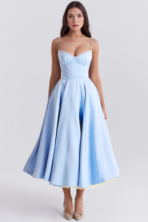 Midi Dress Double-Layer Underwired Satin – Esme - Baby Blue - Bellux