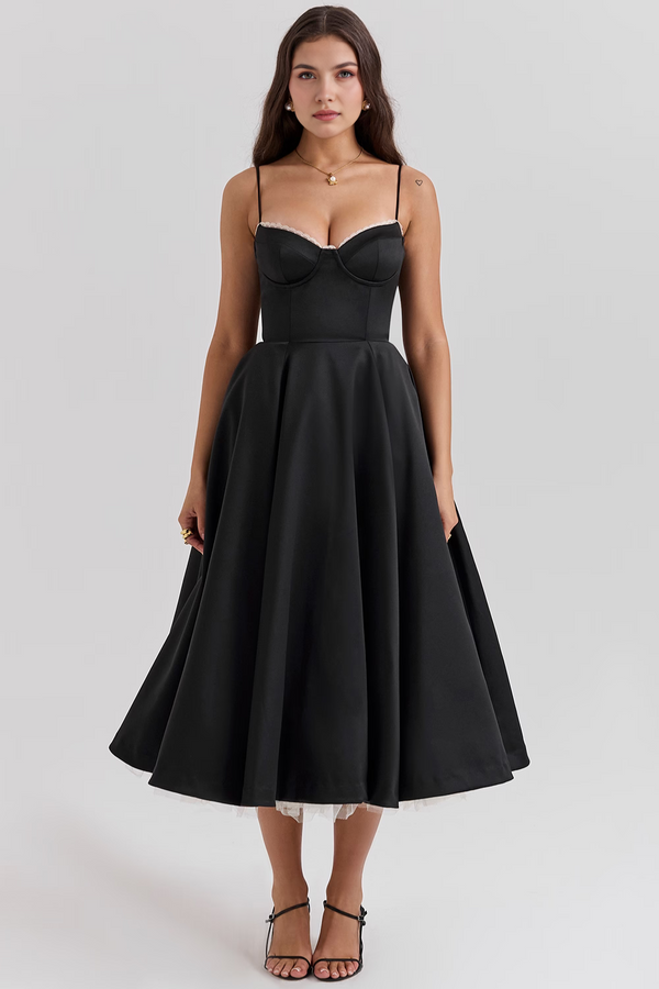 Midi Dress Double-Layer Underwired Satin – Esme - Black - Bellux