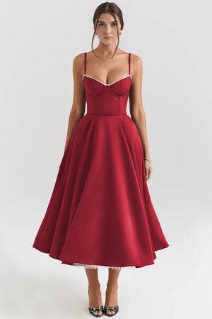 Midi Dress Double-Layer Underwired Satin – Esme - Burgundy - Bellux