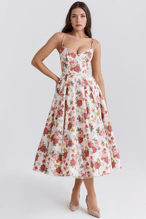 Midi Dress Double-Layer Underwired Satin – Esme - Floral - Bellux
