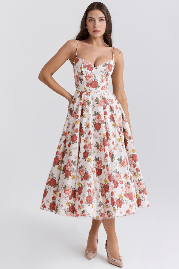 Midi Dress Double-Layer Underwired Satin – Esme - Floral - Bellux