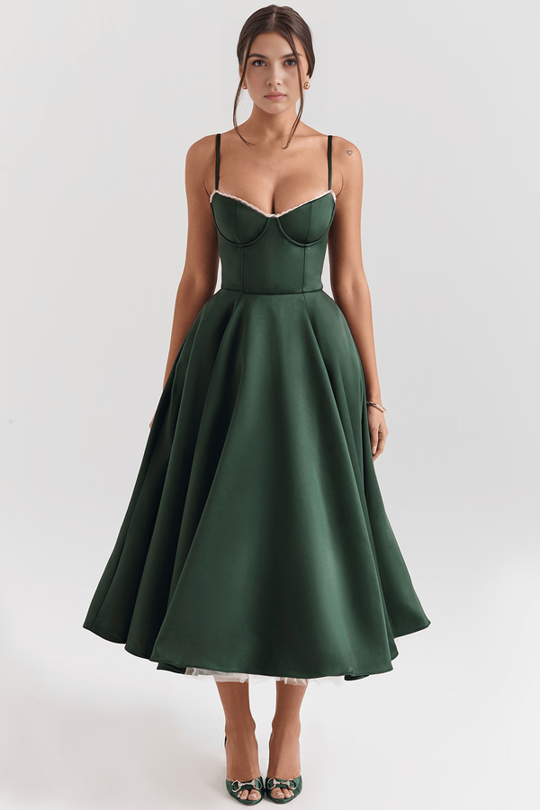Midi Dress Double-Layer Underwired Satin – Esme - Forest Green - Bellux
