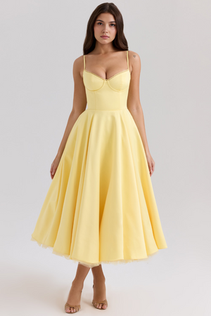 Midi Dress Double-Layer Underwired Satin – Esme - Yellow - Bellux