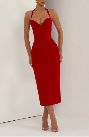 Midi Pencil Dress Lace Trim – Enya - Red - Bellux