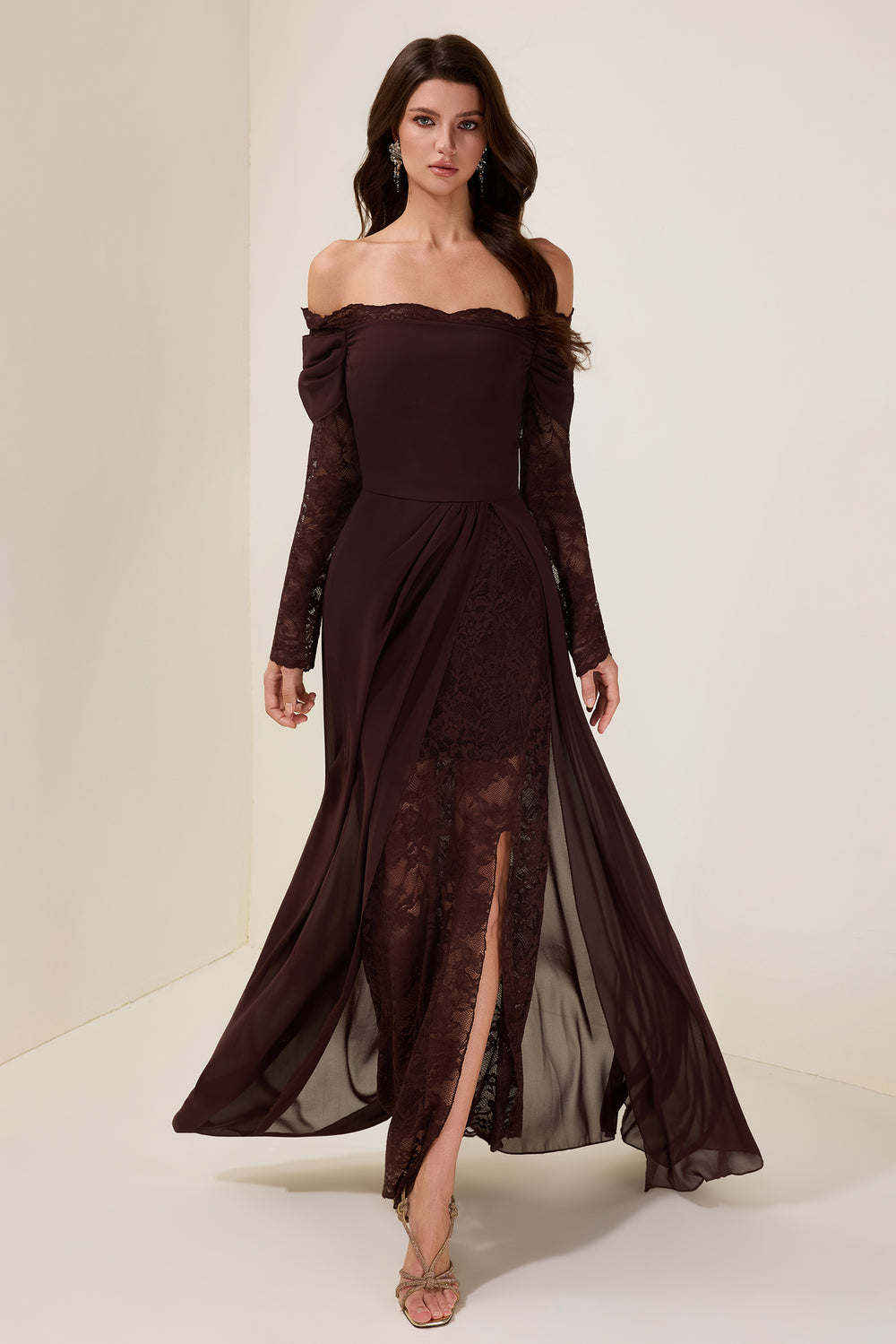 Off-Shoulder Maxi Dress Mid-Stretch Lace-Panel – Anya - coffee - Bellux