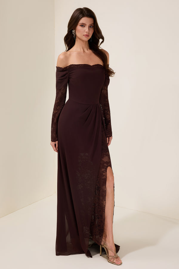 Off-Shoulder Maxi Dress Mid-Stretch Lace-Panel – Anya - Bellux