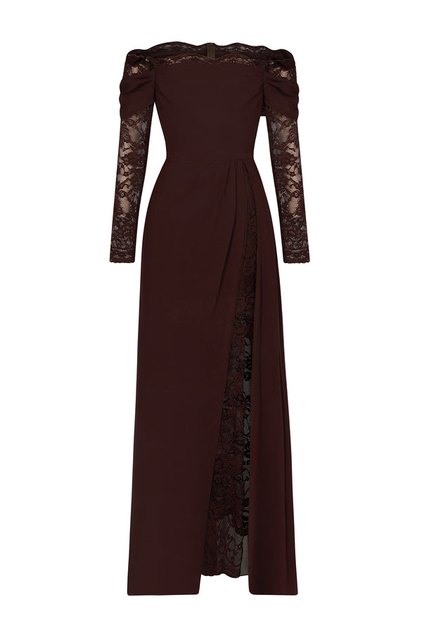 Off-Shoulder Maxi Dress Mid-Stretch Lace-Panel – Anya - Bellux