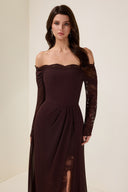 Off-Shoulder Maxi Dress Mid-Stretch Lace-Panel – Anya - coffee - Bellux
