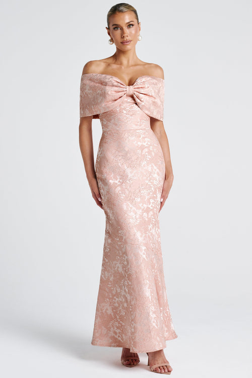 Off-Shoulder Maxi Dress Party-Ready Bow Jacquard – Bridget - pink - Bellux