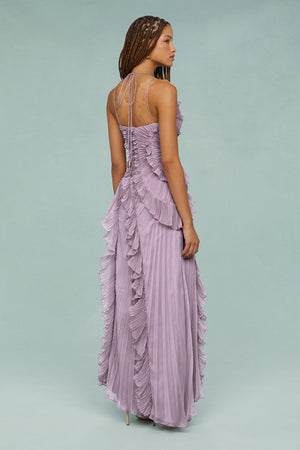 Pleated Frill Halter Midi Dress Figure-Flattering – Talia - Bellux