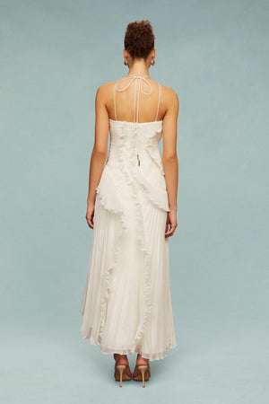 Pleated Frill Halter Midi Dress Figure-Flattering – Talia - Bellux