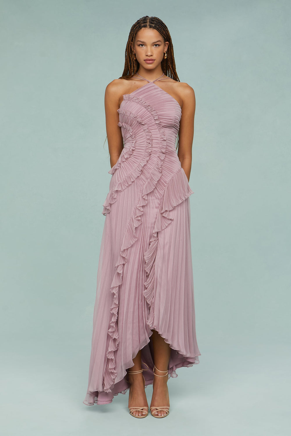 Pleated Frill Halter Midi Dress Figure-Flattering – Talia - pink - Bellux