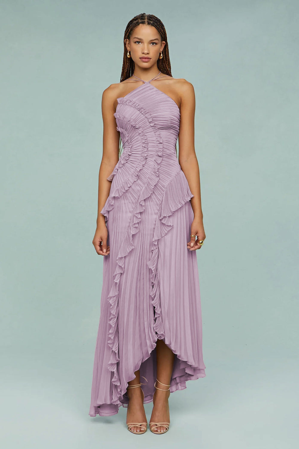 Pleated Frill Halter Midi Dress Figure-Flattering – Talia - pink - Bellux