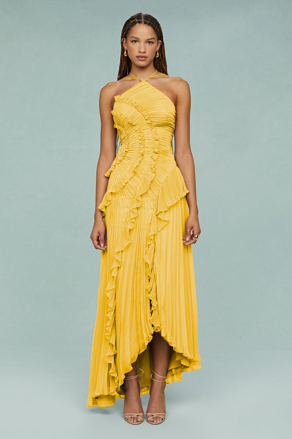 Pleated Frill Halter Midi Dress Figure-Flattering – Talia - yellow - Bellux