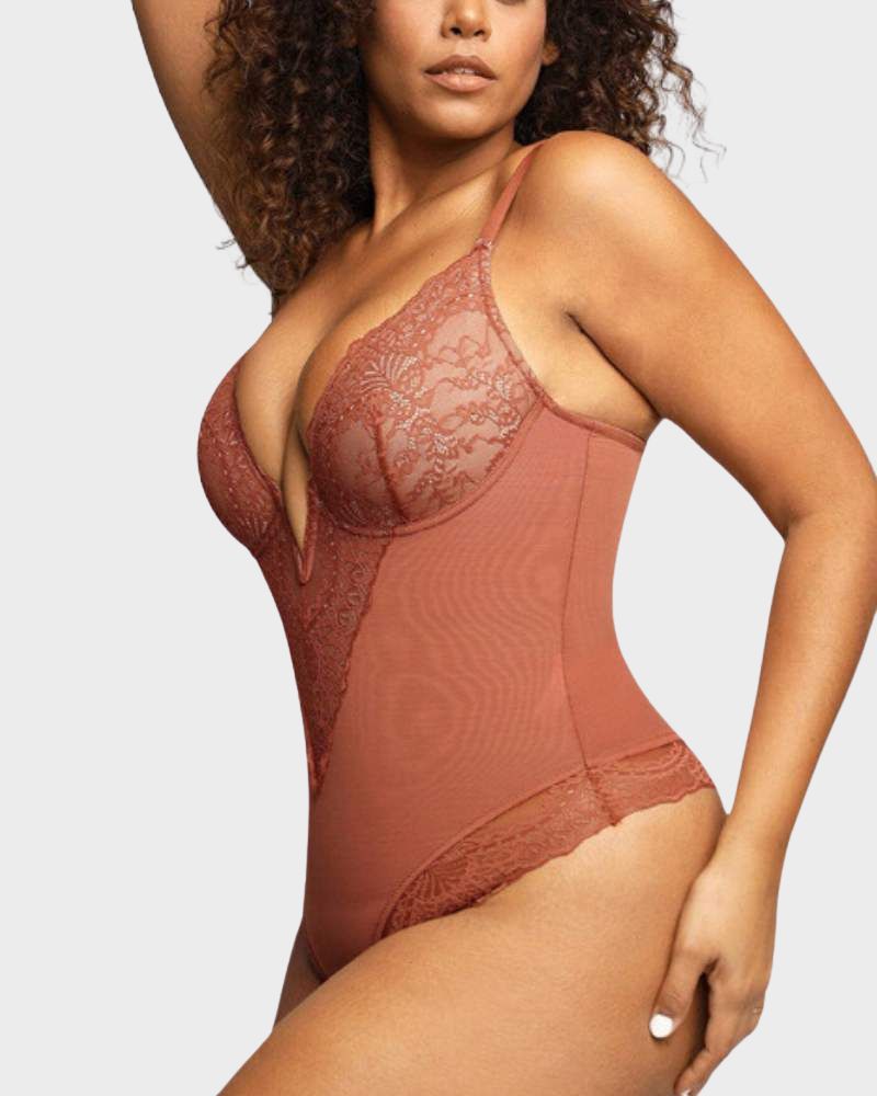 Plunge Curve-Flattering Lace Bodysuit – Verity - Burgundy - Bellux