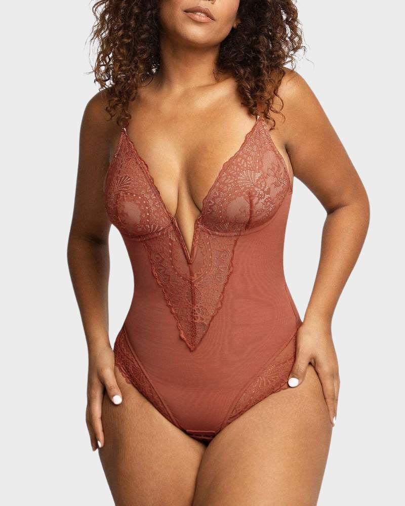 Plunge Curve-Flattering Lace Bodysuit – Verity - Burgundy - Bellux