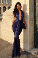 Plunge Halter Gown Hourglass-Sculpting Satin - Orla - Navy blue - Bellux