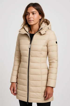 Quilted Puffer Coat Mid-Length Lightly Fitted – Elspeth - Beige - Bellux