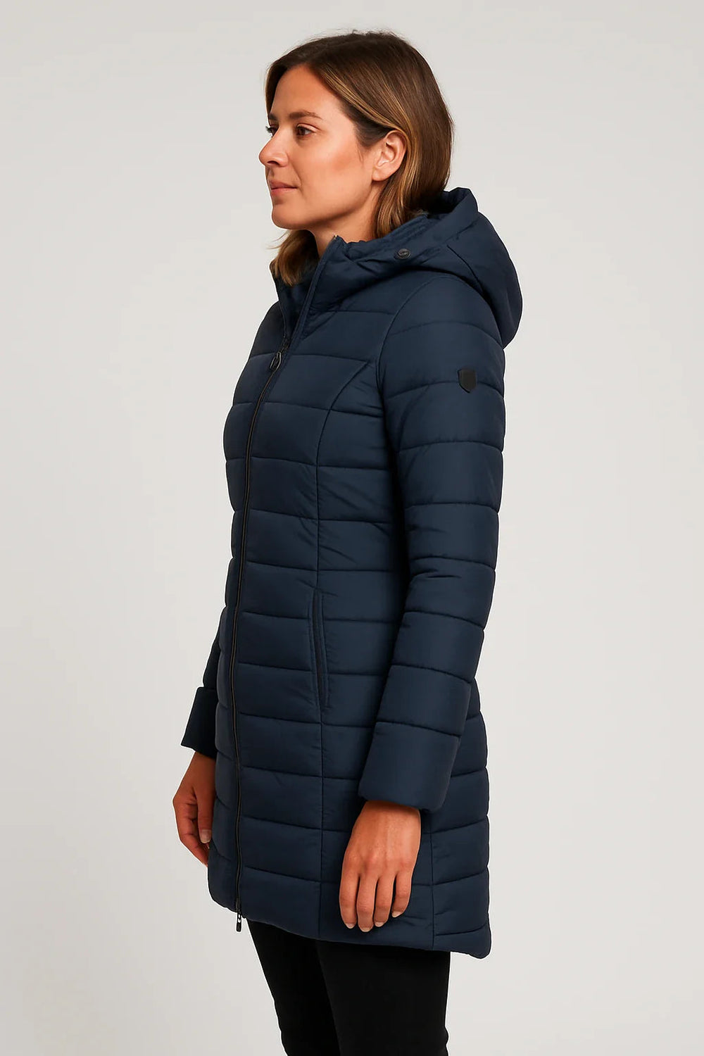 Quilted Puffer Coat Mid-Length Lightly Fitted – Elspeth - Navy Blue - Bellux