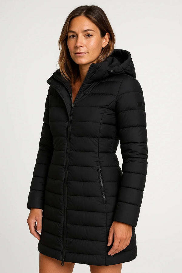 Quilted Puffer Coat Mid-Length Lightly Fitted – Elspeth - Black - Bellux