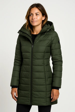 Quilted Puffer Coat Mid-Length Lightly Fitted – Elspeth - Green - Bellux