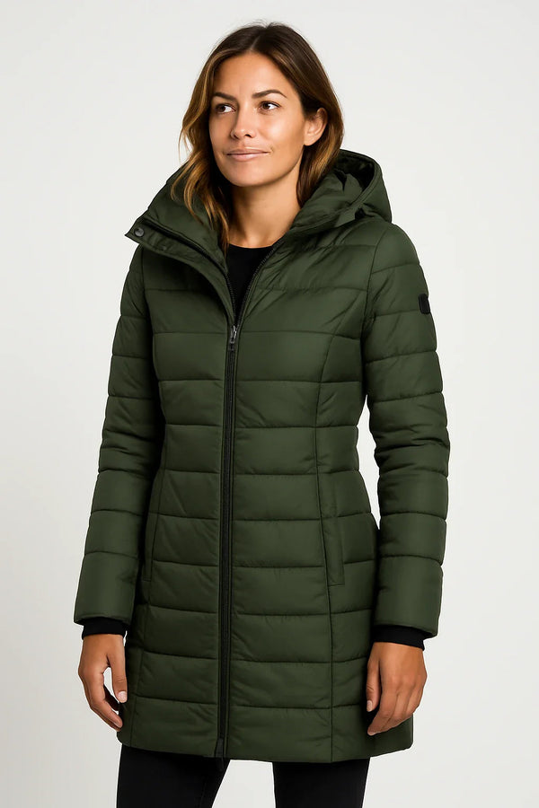 Quilted Puffer Coat Mid-Length Lightly Fitted – Elspeth - Green - Bellux