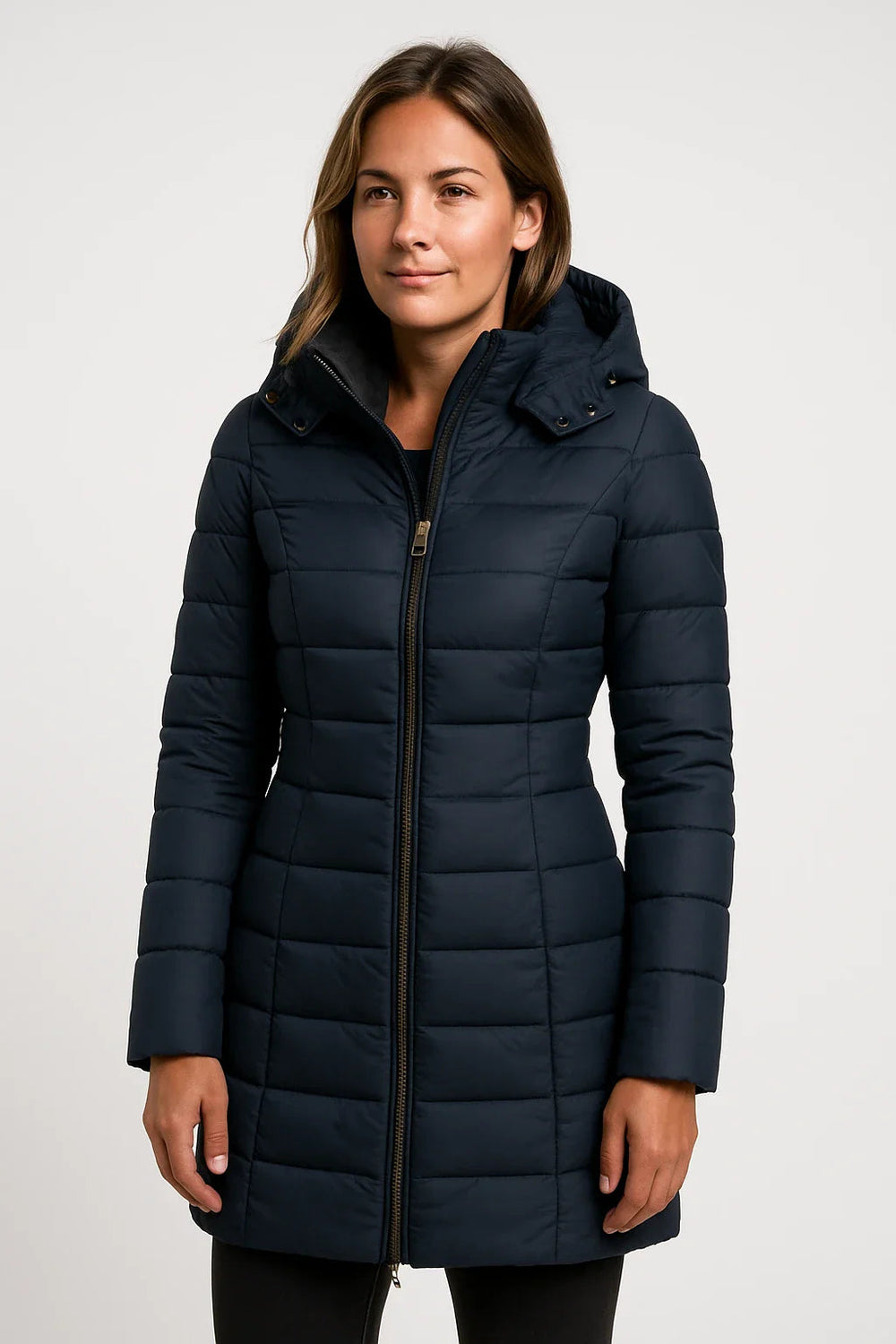 Quilted Puffer Coat Mid-Length Lightly Fitted – Elspeth - Navy Blue - Bellux