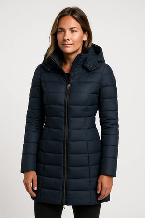 Quilted Puffer Coat Mid-Length Lightly Fitted – Elspeth - Navy Blue - Bellux