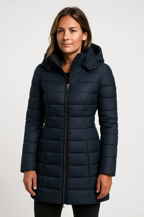 Quilted Puffer Coat Mid-Length Lightly Fitted – Elspeth - Navy Blue - Bellux