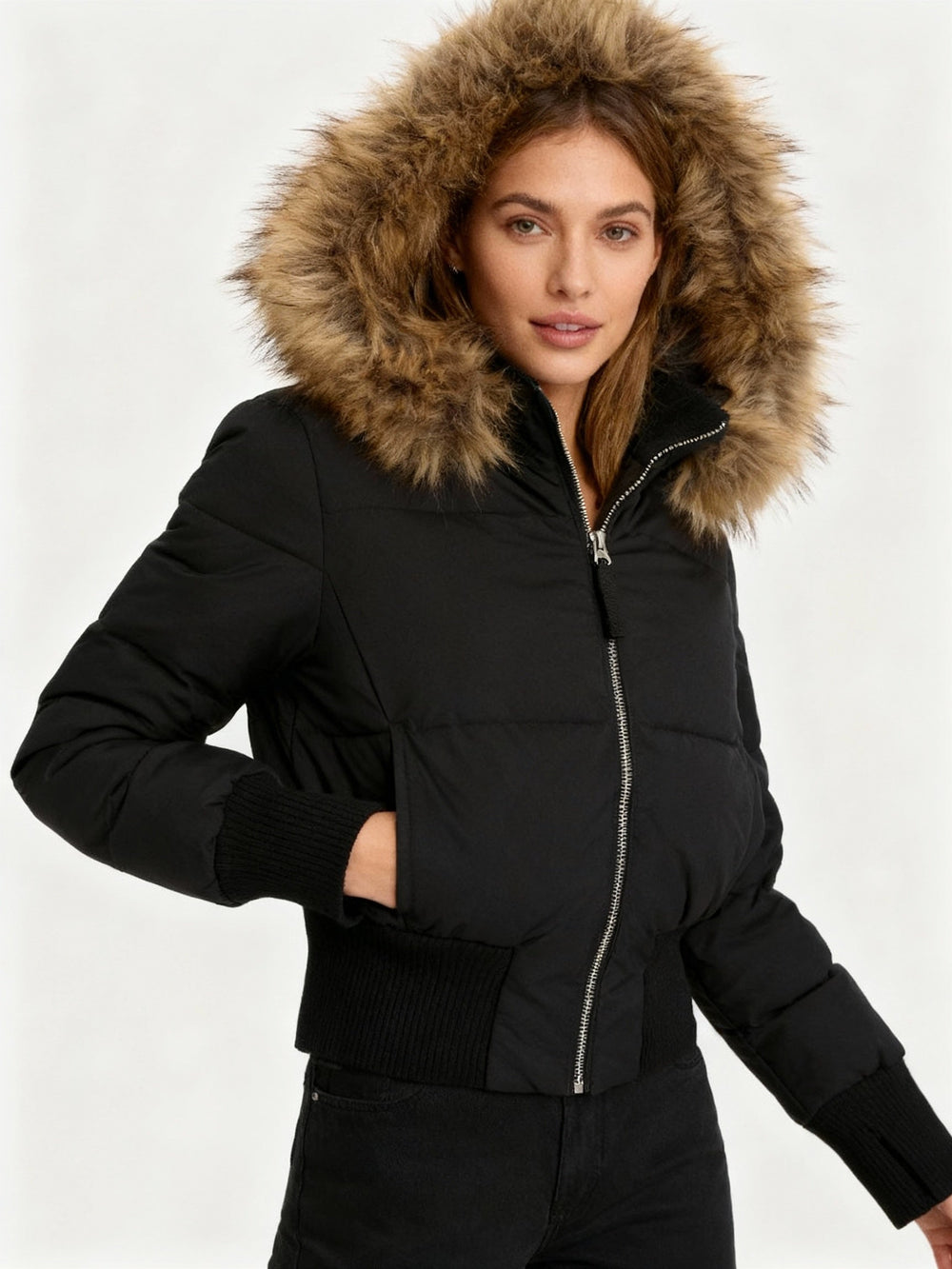 Quilted Puffer Jacket with Faux Fur Hood - Harper - Black - Bellux