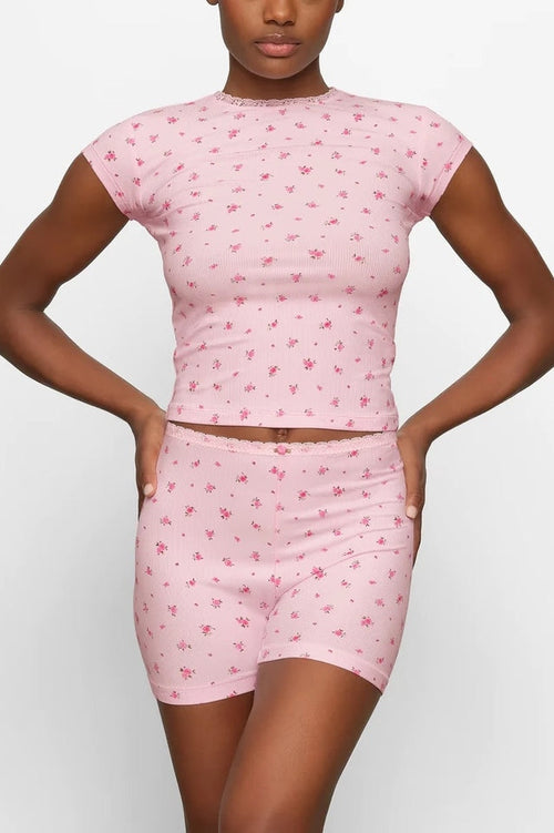 Ribbed Lounge Set Lace-Trimmed Rosette Detail – Etta - L - Bellux