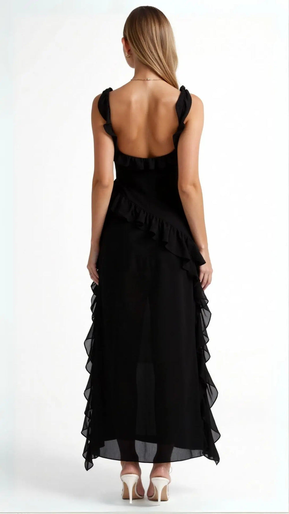 Ruffled Maxi Dress Front-Slit Fitted Bodice – Rosetta