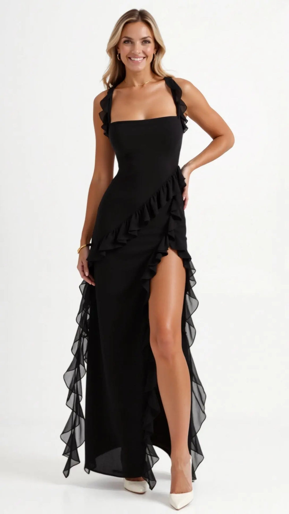 Ruffled Maxi Dress Front-Slit Fitted Bodice – Rosetta