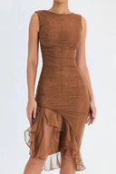 Scooped Neck Midi Dress Sculpting Power Mesh – Millicent - Brown Charlotte - Bellux