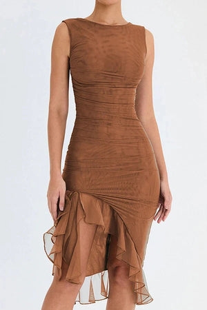 Scooped Neck Midi Dress Sculpting Power Mesh – Millicent - Brown Charlotte - Bellux