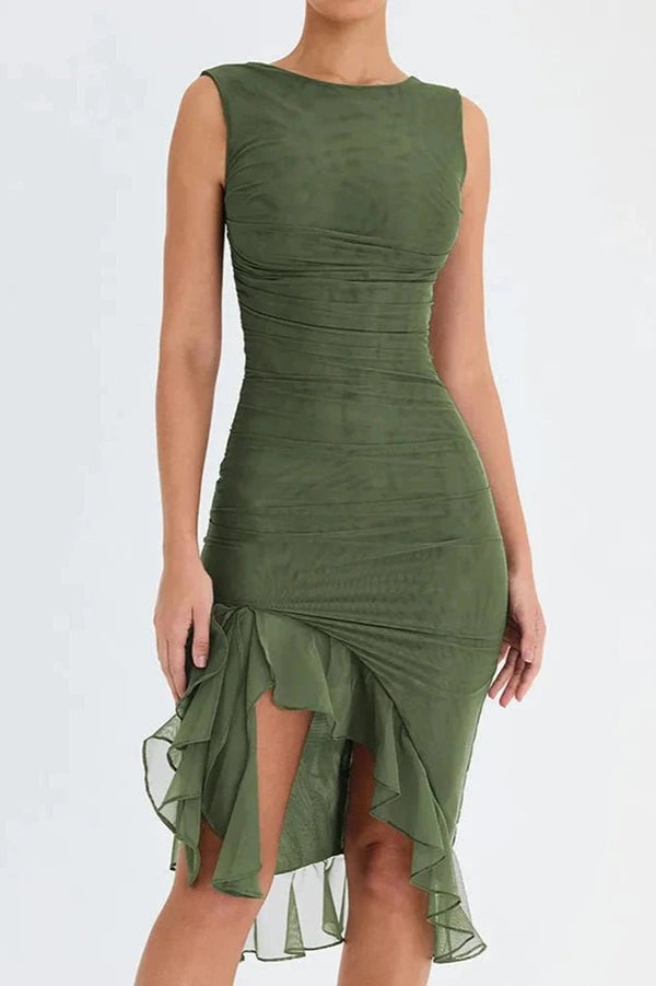 Scooped Neck Midi Dress Sculpting Power Mesh – Millicent - Green Charlotte - Bellux