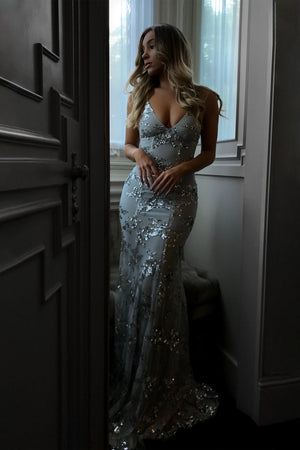 Show-Stopping V-Neck Backless Sequin Maxi Dress – Coralie - Bellux