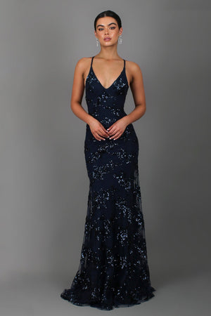 Show-Stopping V-Neck Backless Sequin Maxi Dress – Coralie - blue - Bellux