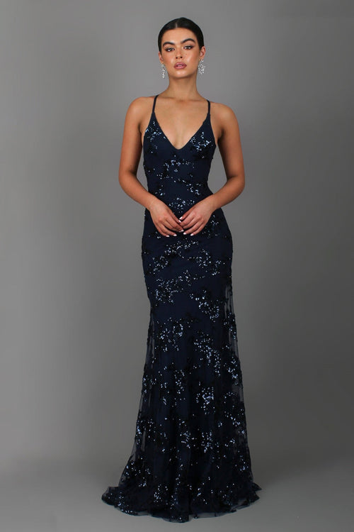 Show-Stopping V-Neck Backless Sequin Maxi Dress – Coralie - blue - Bellux