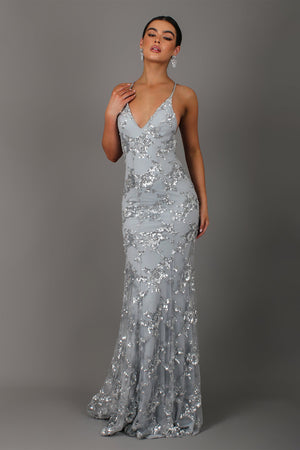 Show-Stopping V-Neck Backless Sequin Maxi Dress – Coralie - grey - Bellux
