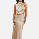 Sleeveless A-Line Elongating Satin Maxi Dress – Delphine - Beige - Bellux