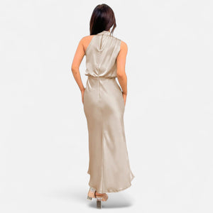 Sleeveless A-Line Elongating Satin Maxi Dress – Delphine - Bellux