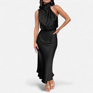 Sleeveless A-Line Elongating Satin Maxi Dress – Delphine - Bellux